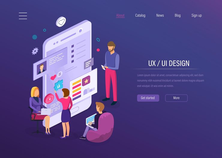 Vector ux ui design interface development for user mobile app desktop applications graphic design and digital prototyping application development kit for mobile device seo programming isometric vector
