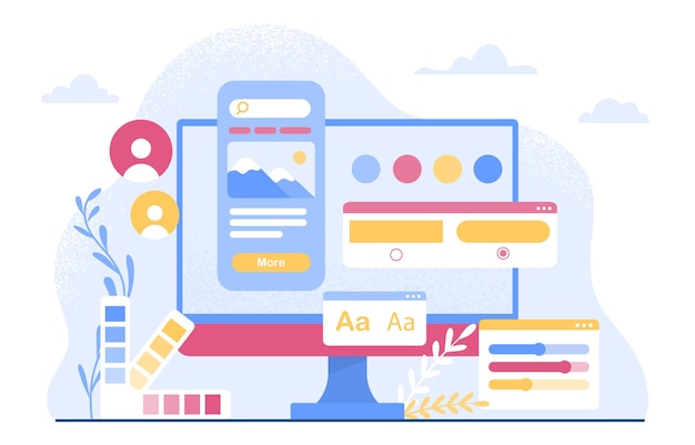Концепция платформы дизайна Ux и ui Каркасный и графический интерфейс для программ и мобильных приложений Разработка веб-сайтов или веб-страниц Изображение и статья Мультфильм плоская векторная иллюстрация