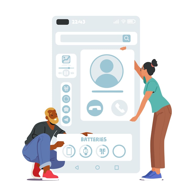 Vector ux ui 設計師字符 創建移動應用程式資訊區塊 結構 程序員在工作中