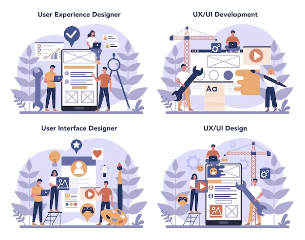 Ux Ui 디자이너 컨셉 세트. 사용자를위한 앱 인터페이스 개선. 현대 기술 개념. 플랫 벡터 일러스트 레이션