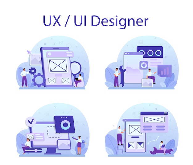 Vettore ux ui designer concept set illustrazione