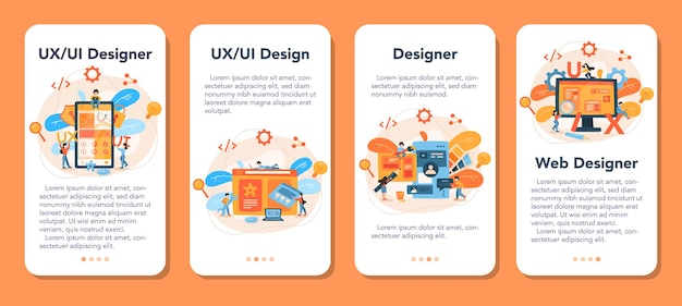 Vector ux ui designer mobile application banner set. app interface improvement for user. modern technology concept.