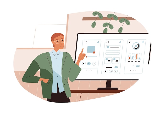 Вектор ux ui дизайнер работает над интерфейсом сайта. человек на экране компьютера во время разработки веб-дизайна. разработчик представляет макет онлайн-платформы. плоская векторная иллюстрация на белом фоне