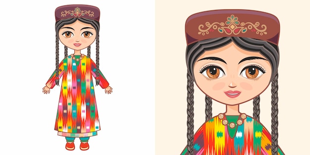 Vettore costume nazionale uzbeko ragazza in abiti etnici dell'uzbekistan