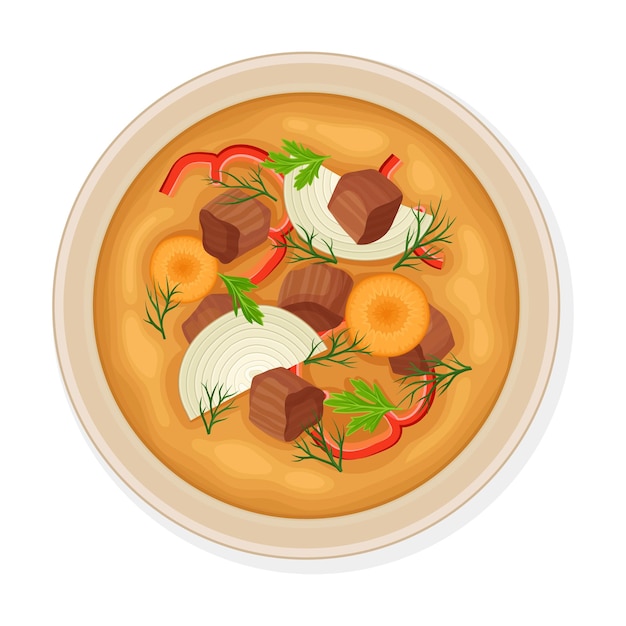 Vector uzbek traditional dish of meat slabs and vegetable top view vector illustration