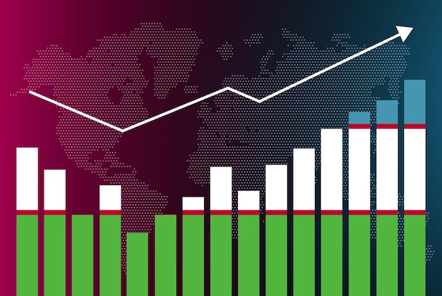 Vettore grafico a barre dell'uzbekistan con alti e bassi, valori in aumento, bandiera del paese dell'uzbekistan sulla barra gra