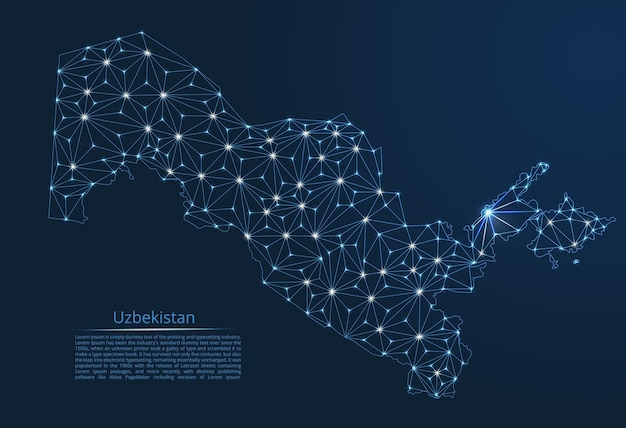 Uzbekistan communication network map vector low poly image of a global map with lights