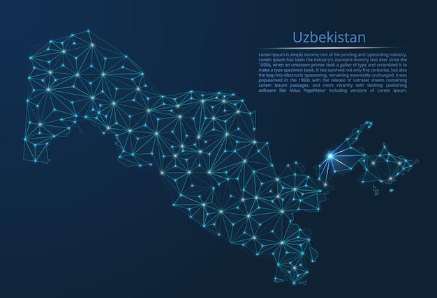 Mappa della rete di comunicazione dell'uzbekistan immagine vettoriale low poly di una mappa globale con luci