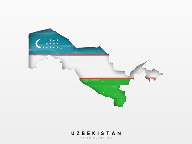 Uzbekistan detailed map with flag of country. Painted in watercolor paint colors in the national flag.