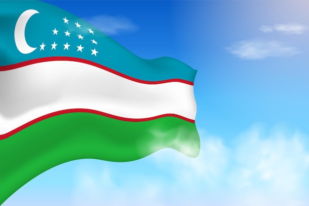 Флаг узбекистана в облаках. векторный флаг развевается в небе. национальный день реалистичный флаг