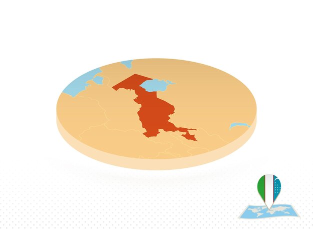 等角投影スタイルのオレンジ色の円の地図で設計されたウズベキスタンの地図