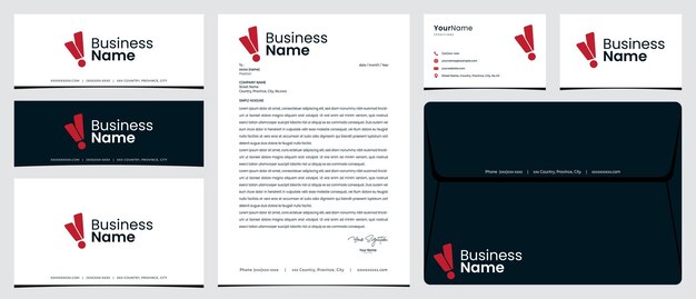 V exclamation mark logo with stationery, business card and social media banner designs