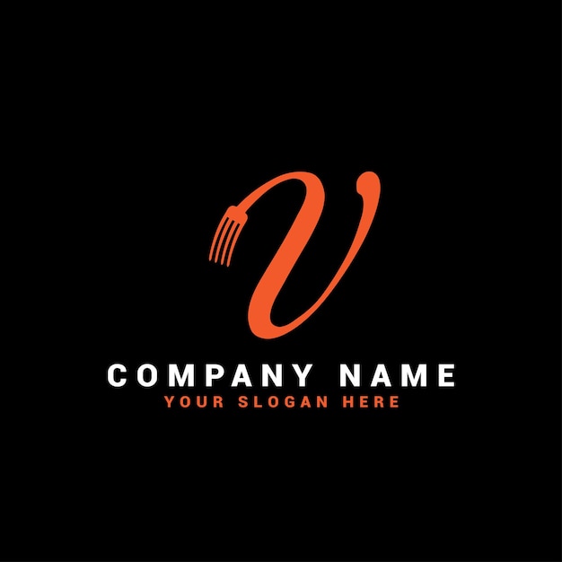 V Food Letter-logo met vorksymbool