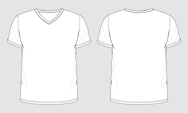 V-hals korte mouw t-shirt technische tekening vector illustratie sjabloon voor- en achterkant uitzicht