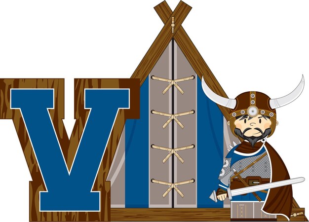 V is voor viking bij tent alphabet learning educational illustration