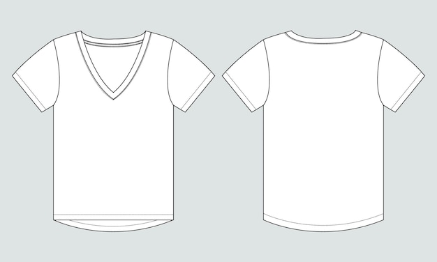 VネックTシャツトップステクニカルファッションフラットスケッチ女性のためのベクトルイラストテンプレート