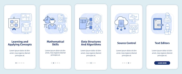 Vaardigheden voor programma-ontwikkeling lichtblauw onboarding-scherm voor mobiele apps