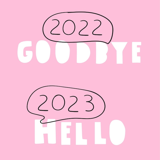 Vaarwel 2022 hallo 2023. vector hand getekende illustratie op roze achtergrond.