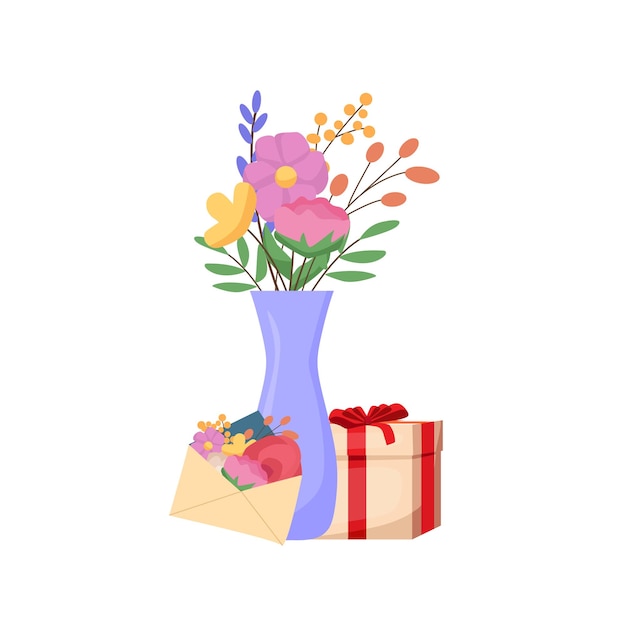 Vaas met bloemen en een geschenk cartoon vectorillustratie vakantieconcept