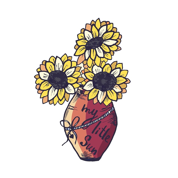 Vaas met bloemen van zonnebloemen hand getekend op een witte achtergrond my little sun vector illustration