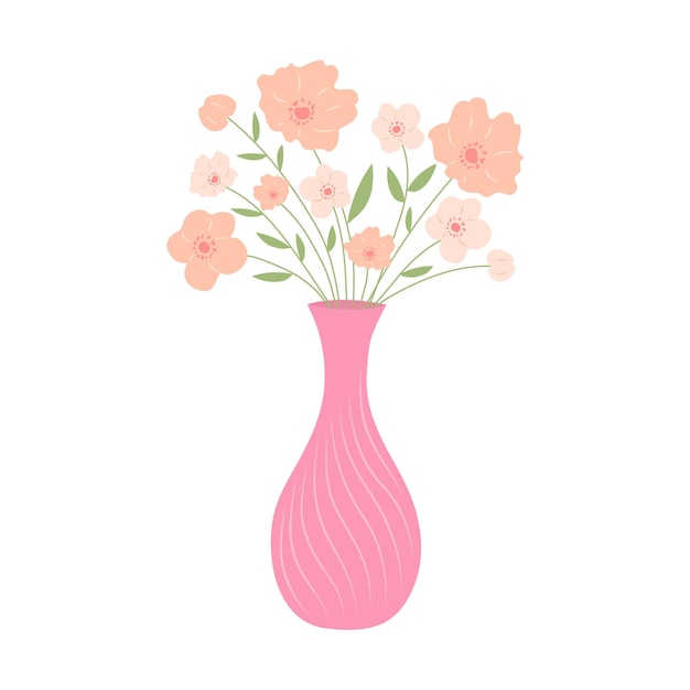 Vaas met roze bloemen Stilleven ansichtkaart Cartoon vlakke afbeelding