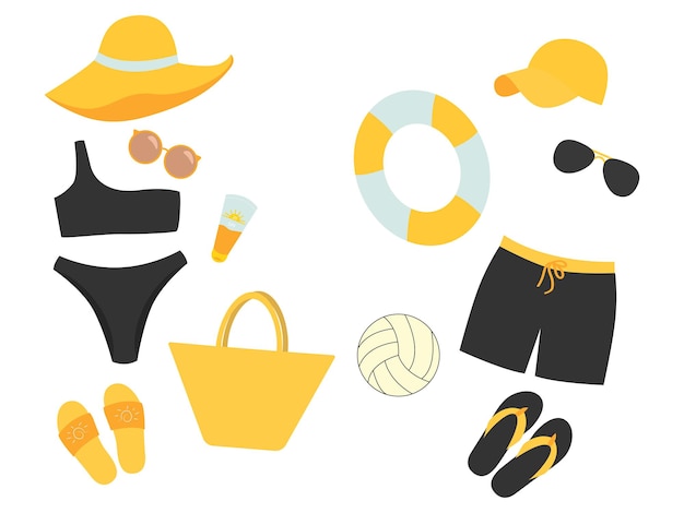 Vacation accessories for men and women set flat vector illustration isolated beach accessories set