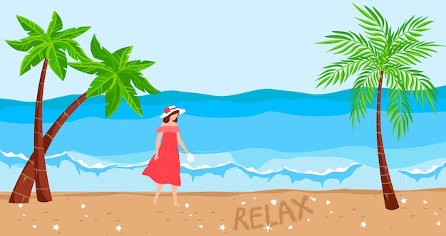 Вектор Отпуск на тропическом пляже океана векторные иллюстрации плоский персонаж молодой женщины, идущий на песке праздник путешествия в летний рай