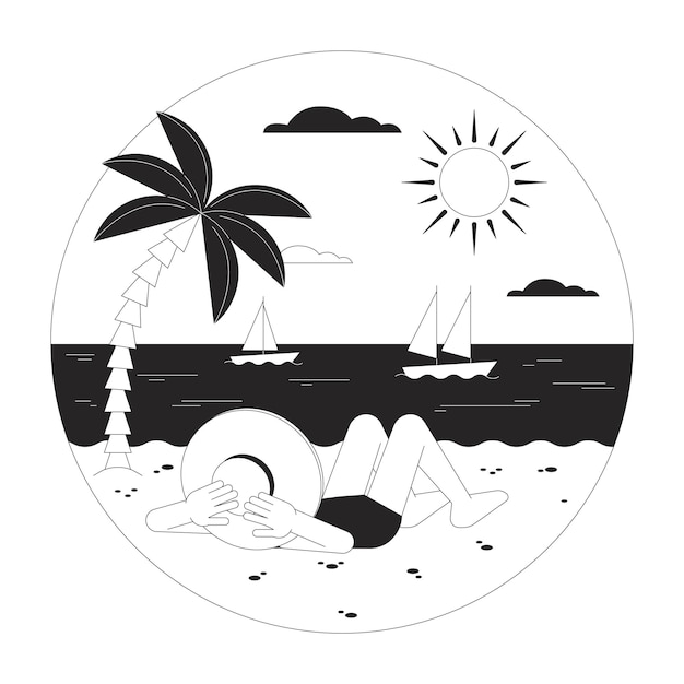 Vacation beach bw vector spot round illustration Lying sunbathing girl looking at ocean 2D cartoon flat line monochromatic character for web UI design Editable isolated outline hero image