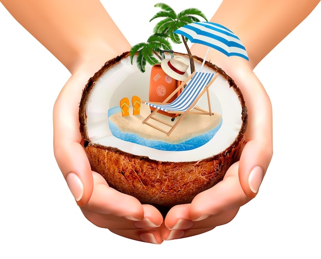 Vacation concept. palm tree, suitcase and an umbrella in a coconut.