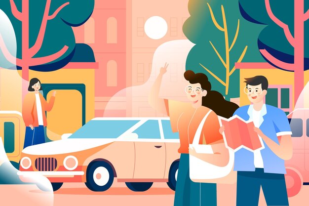Le coppie in vacanza fanno shopping insieme per strada con negozi e strade sullo sfondo