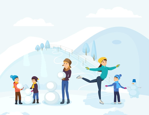 벡터 아이들이 있는 휴가 가족 겨울 활동 그룹 사람들은 야외에서 스케이트를 타고 눈사람을 조각합니다.