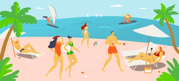 vacation holiday time people character together rest hot outdoor beach tropical country sand shore cartoon vector illustration natural landscape