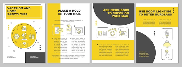 Vettore suggerimenti per la sicurezza domestica e per le vacanze modello di brochure giallo. volantino, opuscolo, stampa di volantini, copertina con icone lineari. layout vettoriali per presentazioni, relazioni annuali, pagine pubblicitarie