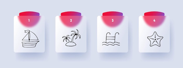 Vacation line icon Sailboat ship beach starfish ladder pool water Glassmorphism style Vector line icon