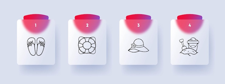 Vector vacation line icon slippers life buoy sand hat summer sand castle glassmorphism style vector line icon