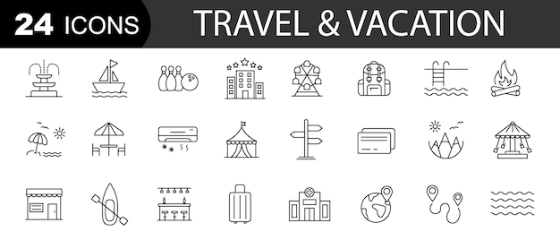 Vacation line icons Collection of travel and vacation icons Vector illustration