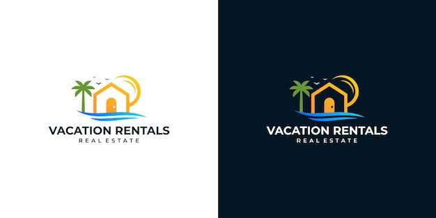 Modello di design del logo per le vacanze con il sole della casa sulla spiaggia tropicale e il simbolo dell'icona dell'illustrazione vettoriale del disegno della palma