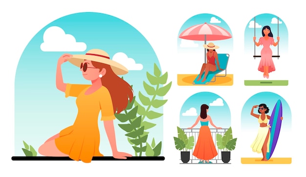 Vector vacation mood concept beautiful young women resting in sunny countries characters sitting on chaise