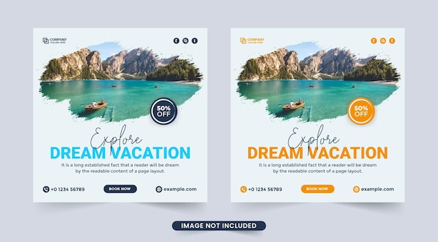 Шаблон бизнес-флаера для планировщика отпусков тур и путешествия в социальных сетях с желтым и синим текстом