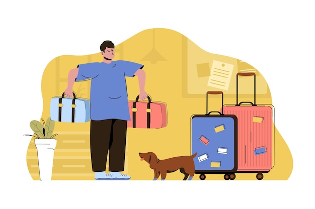 Vector vacation preparation concept man packing things and clothes in suitcases and going on trip