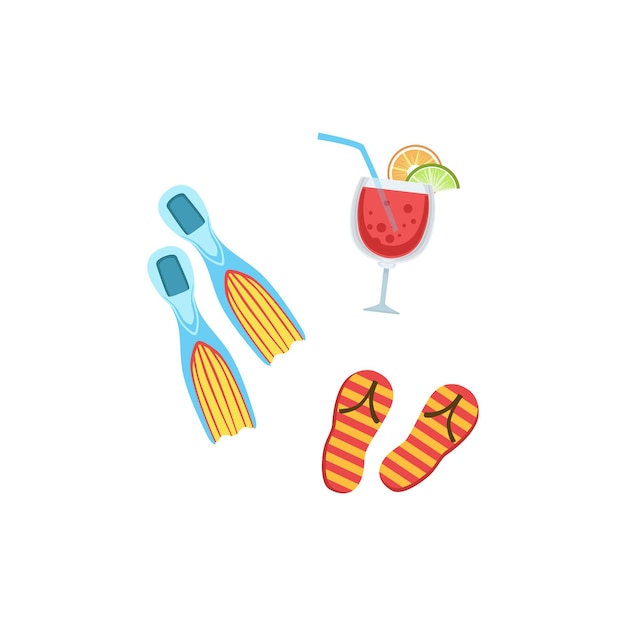 Set vacanza con pinne flipflops e cocktail