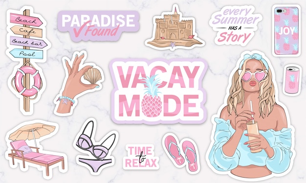 Vacation stickers set with a girl and modern accessories