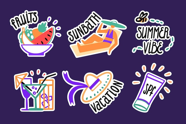 Vacation and tan. Set of vector stickers. Sun bath, fruits, summer vibe, spf, cocktails. Cartoon.