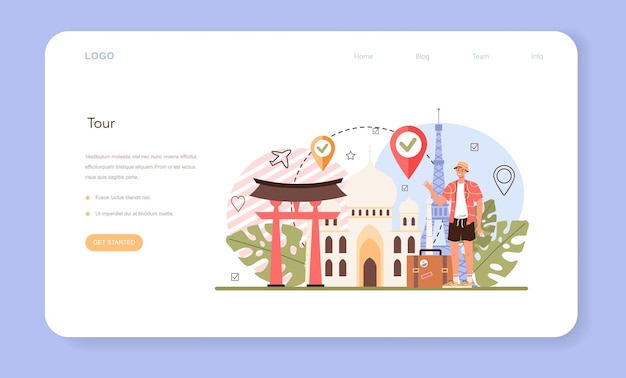 世界中の観光の休暇ツアーのウェブバナーまたはランディングページのアイデア