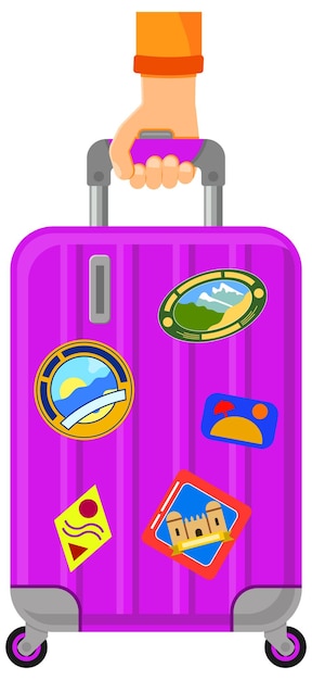 Концепция отдыха и туризма с плоскими иконками Рука с чемоданом для багажа изолированная векторная иллюстрация