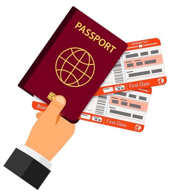 Vacation and Tourism Concept with Flat Icons Hand with Passport and airplane tickets