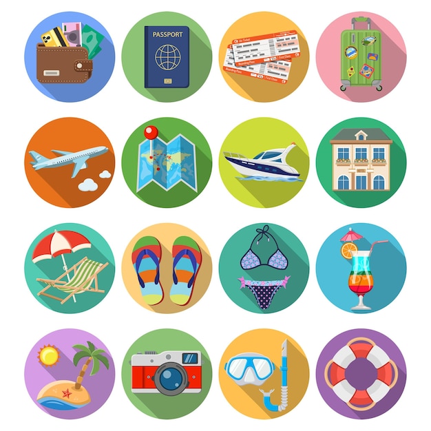 Vector vacation and tourism flat icons set with long shadow on circle