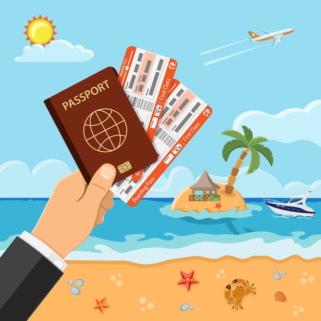 Vacation, Tourism, Summer Concept with Flat Icons for Web Site, Advertising like Hand with Passport and airplane tickets, beach, island, bungalows and palm trees, boat.