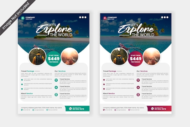 Modello di progettazione volantino per brochure di viaggio per le vacanze. poster, post sui social media, flayer