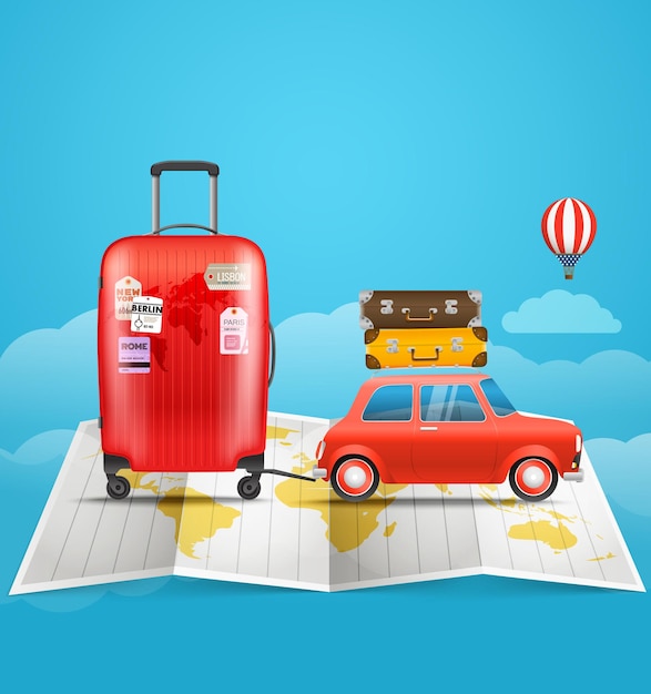 Concetto di viaggio di vacanza. auto con bagagli. vai illustrazione di viaggio